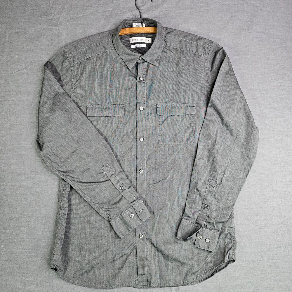 Calvin Klein Long Sleeve Classic Fit Button Down Gray/Black Stripes Men's Medium